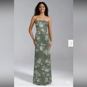 Strapless Floral Pleated Evening Gown in Sage Green